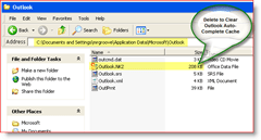 Очистить кэш автозаполнения Outlook - Windows XP