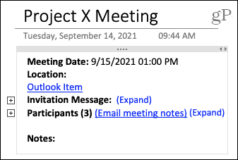 Сведения о встрече в OneNote на Mac