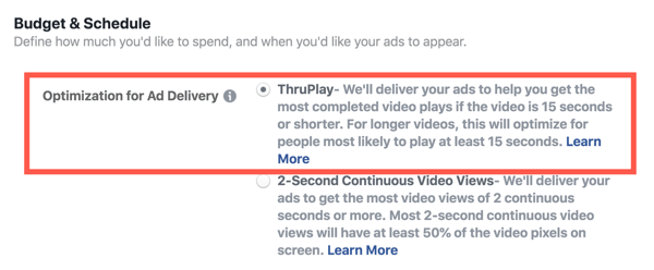 Facebook ThruPlay Optimization для видеорекламы, шаг 2.