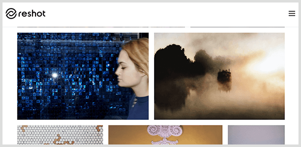 Reshot - это сайт стоковых фотографий с тщательно подобранными изображениями. Скриншот библиотеки фотографий на сайте Reshot включает профиль белой женщины со светлыми волосами перед переливающейся голубой плиткой и туманный пейзаж с силуэтами деревьев.