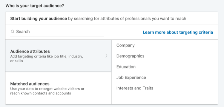 Раздел "Кто ваша целевая аудитория" в Менеджере кампаний LinkedIn