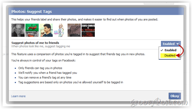 отключить Facebook, предлагая фотографии ваших друзей
