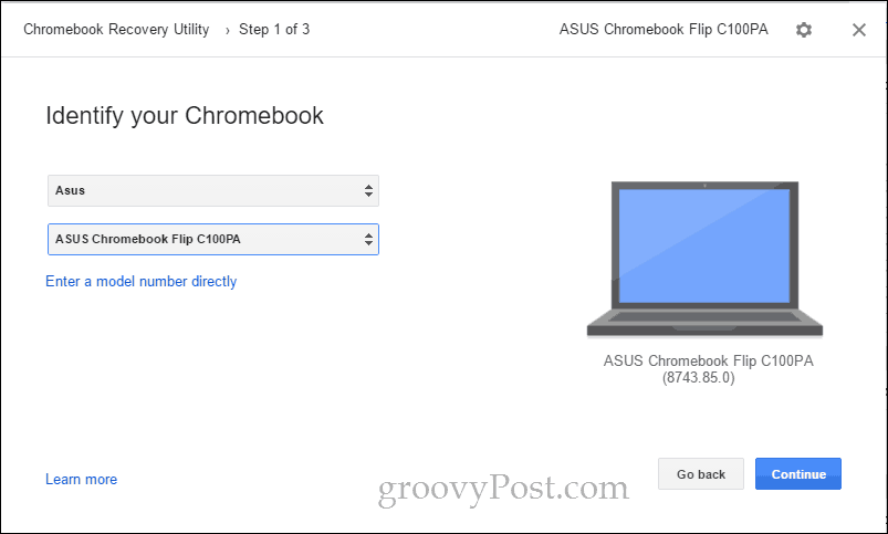 утилита восстановления Chromebook выбрать модель