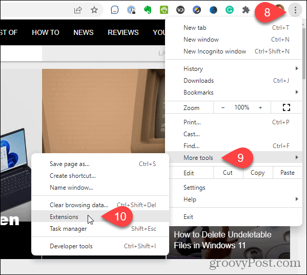 В меню Chrome выберите «Дополнительные инструменты», затем «Расширения».