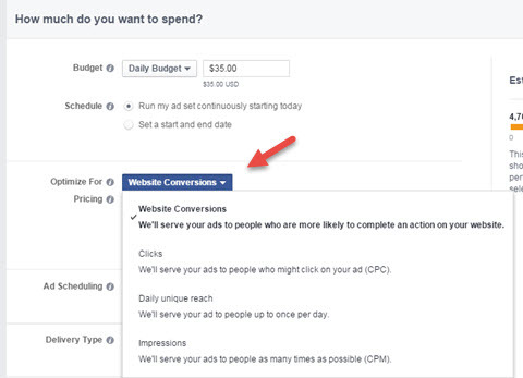 выбор оптимизации конверсии рекламы в facebook