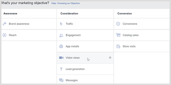 Facebook Ads Manager имеет цель просмотра видео, которая побуждает Facebook выбирать людей, которые смотрят видео.