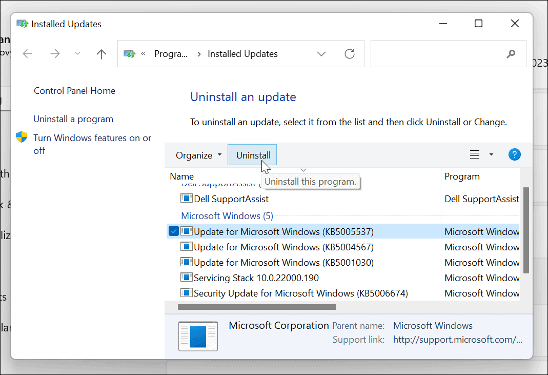 удалить накопительное обновление Windows 11