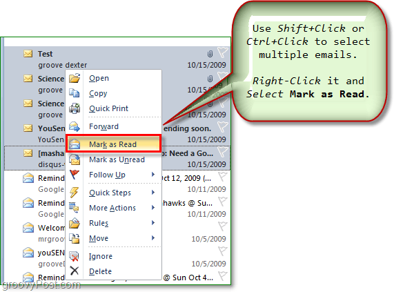 выбрать несколько писем и пометить несколько писем как прочитанные или непрочитанные в Outlook Office 2010