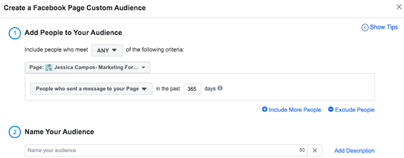настроить пользовательскую аудиторию Facebook для людей, отправивших сообщения на страницу
