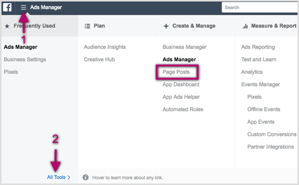 Опция публикаций на странице в Facebook Ads Manager