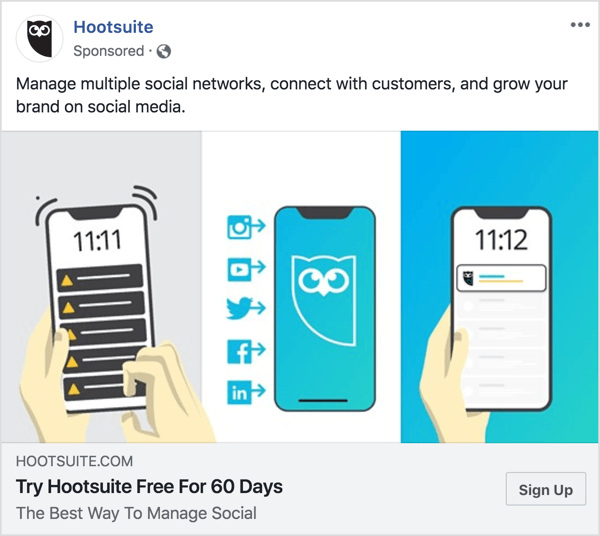 Сообщения в рекламе Hootsuite на Facebook четкие и лаконичные. 