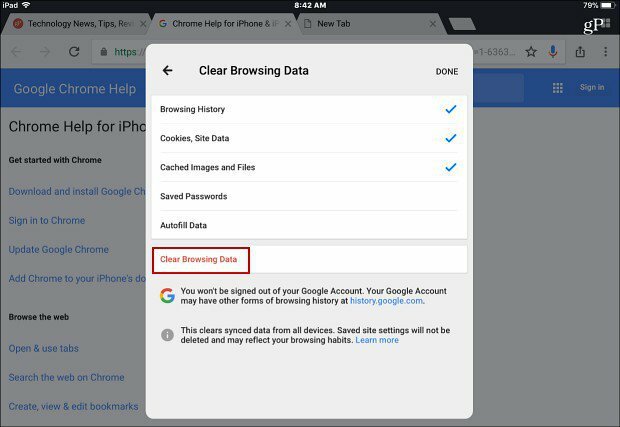 Очистить приложение Data Chrome для iOS