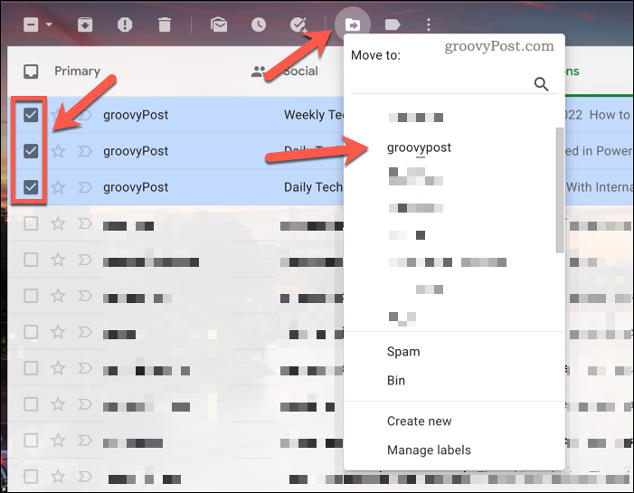 Перемещение сообщений Gmail