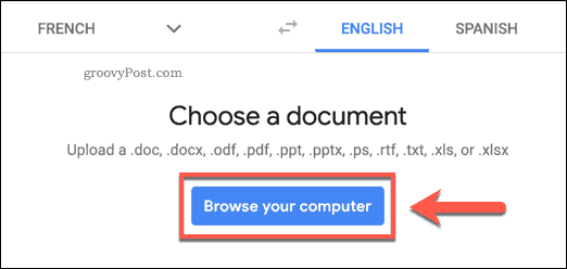 Кнопка Обзор вашего компьютера на веб-сайте Google Translate