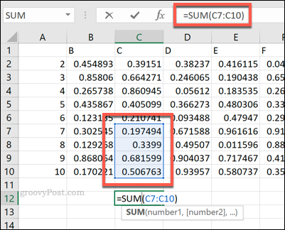 Формула Excel SUM с использованием диапазона ячеек