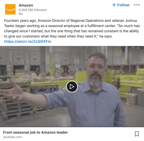 Пример видеопоста на странице компании Amazon LinkedIn.