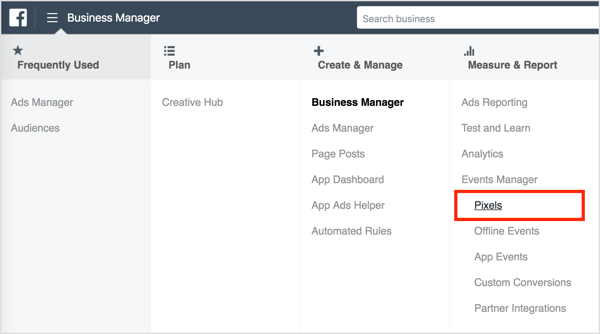 Чтобы установить пиксель Facebook, откройте Business Manager и выберите Pixels. 