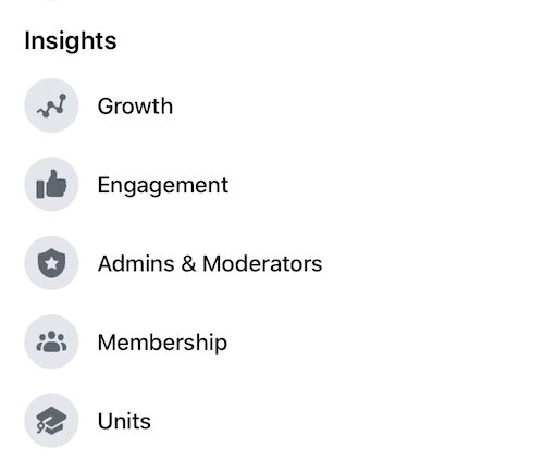 меню facebook insights с различными вариантами измерения аналитики