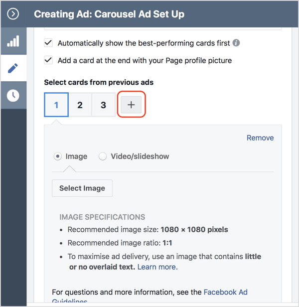 Щелкните значок +, чтобы добавить карточку в свою карусельную рекламу Facebook.