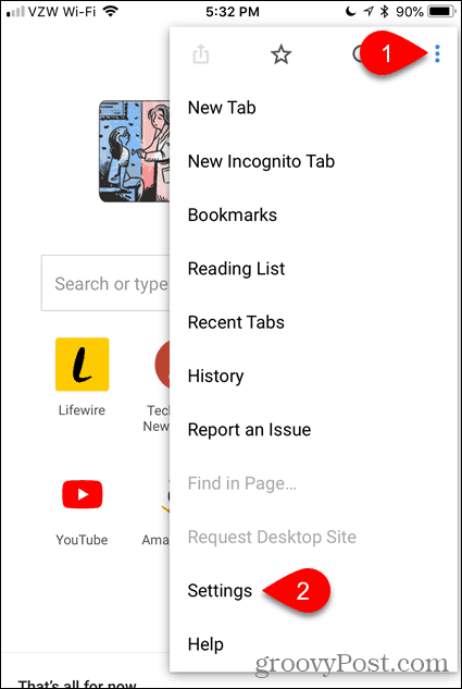 Нажмите Настройки в Chrome для iOS