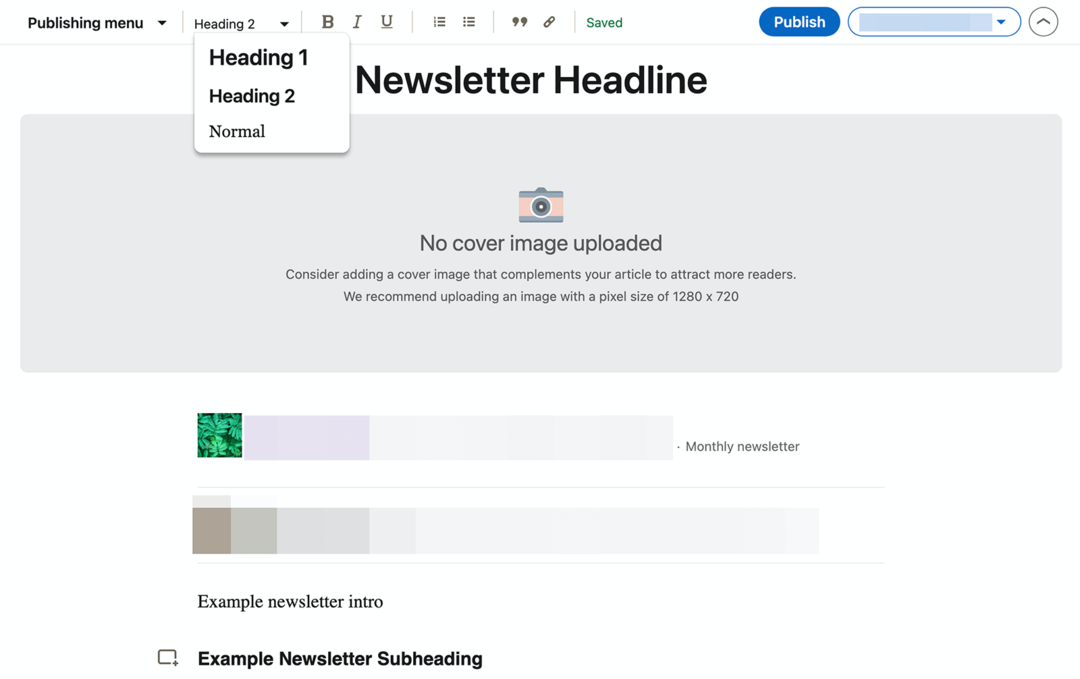 изображение раскрывающегося меню «Заголовок» на экране создания информационного бюллетеня в LinkedIn