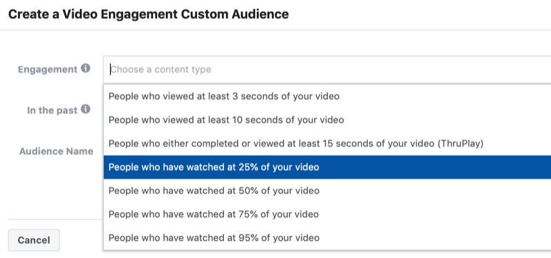 диалоговое окно для создания настраиваемой аудитории для взаимодействия с видео в Facebook