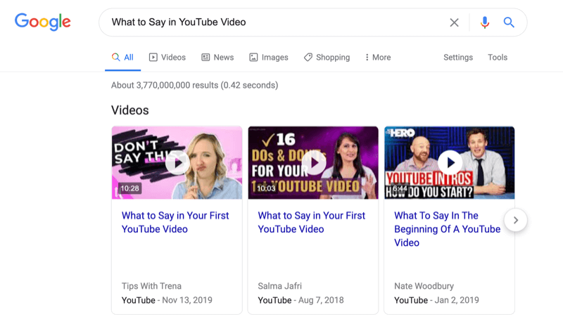 снимок экрана с поиском в Google, что сказать в видео на YouTube, с отмеченными результатами поиска видео