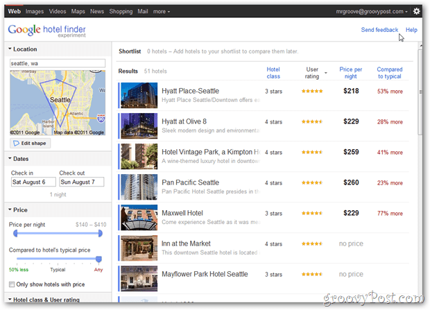 Поиск отеля Google Сиэтл