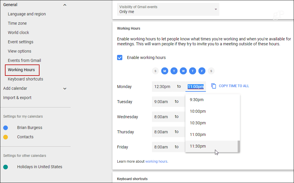 Установить рабочие часы для отдельных дней Google Calendar