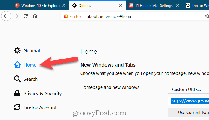 Нажмите Домой на странице настроек в Firefox