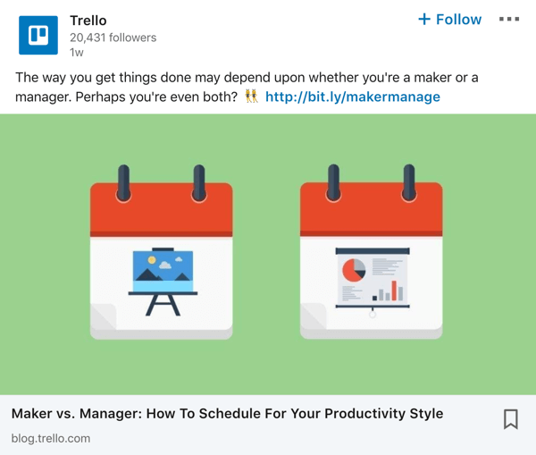 Пример публикации на странице компании Trello в LinkedIn.