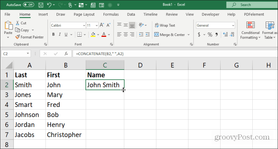 использование конкатенации для имен в Excel