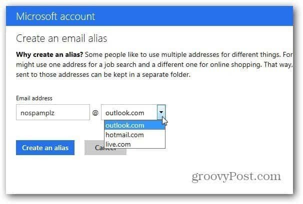 Outlook.com Alias ​​особенность