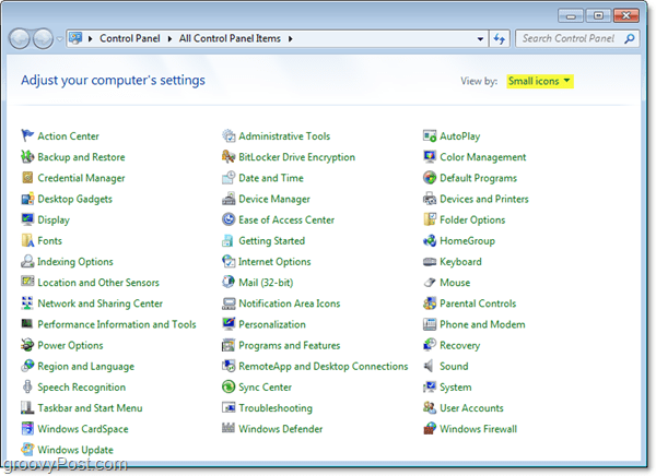 Панель управления Windows 7 автоматически в виде маленьких иконок