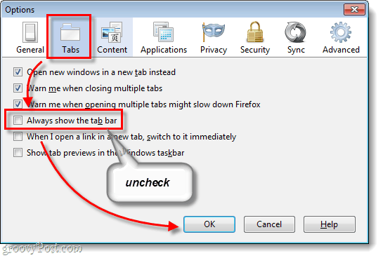 Параметры вкладок Firefox 4 и Всегда показывать панель вкладок не отмечены