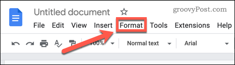 Откройте меню «Формат» в Google Docs.