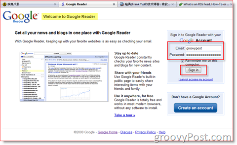Страница входа в Google Reader:: groovyPost.com