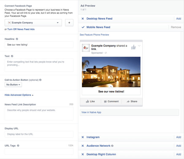 параметры показа рекламы на холсте facebook