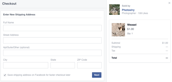 клиент вводит данные о доставке для первой покупки в Facebook