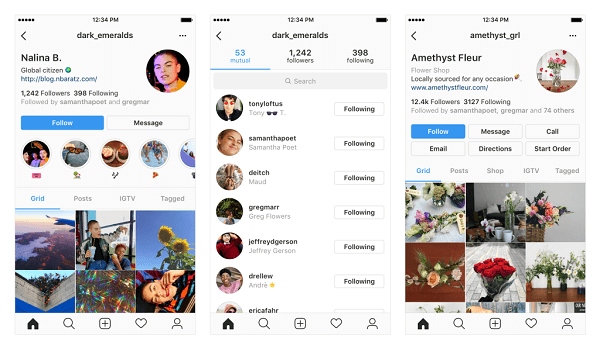 Примеры возможных изменений в вашем профиле в Instagram.