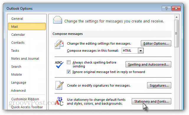 параметры почты Outlook 2010