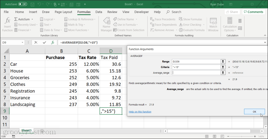 Использование функции hte Averageifle в Excel