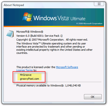 Владелец дисплея и организация для Windows Vista