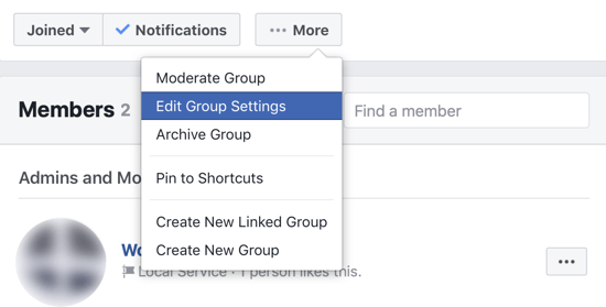 Как улучшить сообщество группы Facebook, пункт меню для редактирования настроек группы Facebook