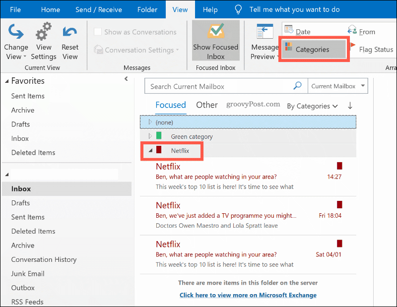 Письма, отсортированные по цветовой категории в Outlook