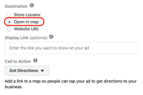 Параметр "Открыть на карте" выбран на уровне рекламы в Facebook Ads Manager