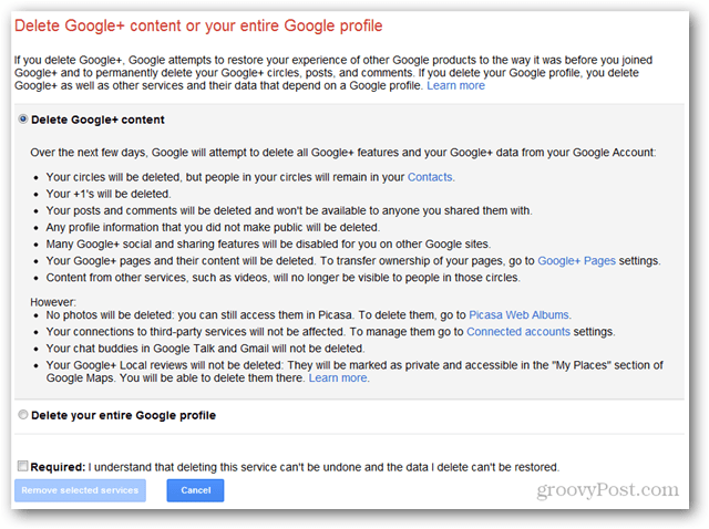 удалить контент Google Plus