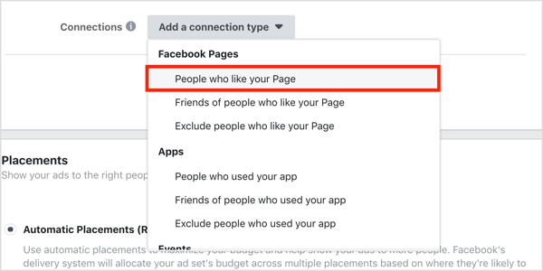 ALTЩелкните «Добавить тип подключения» и выберите «Люди, которым нравится ваша страница» в раскрывающемся меню.