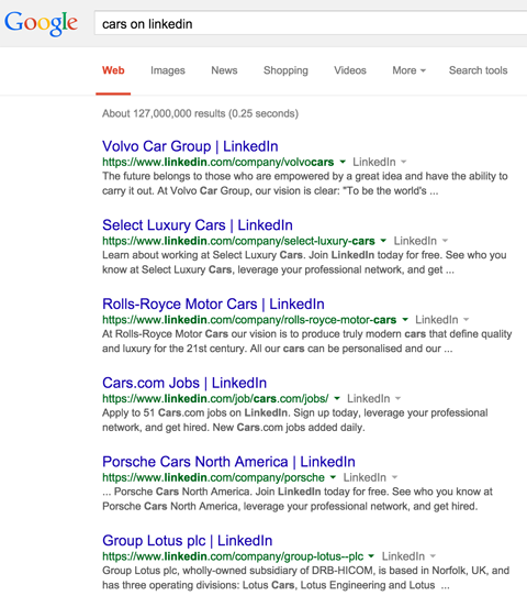 Страница компании linkedin приводит к результатам поиска в Google по автомобилям на linkedin