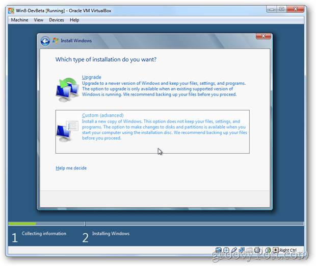 VirtualBox Windows 8 выбрать выборочную установку